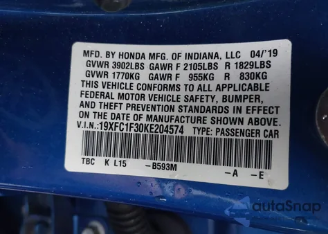 2019 Honda Civic Ex from USA, damaged, VIN 19XFC1F30KE204574